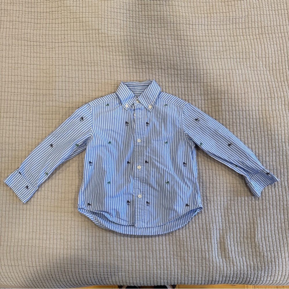 Ralph Lauren Boys Blue Striped Button Down Shirt with High Top Sneaker Print - 2